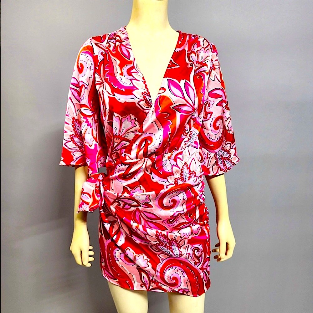 Zara Kimono Silky Style Floral Wrap Dress Gorgeous Red Pink Colors White Lotus